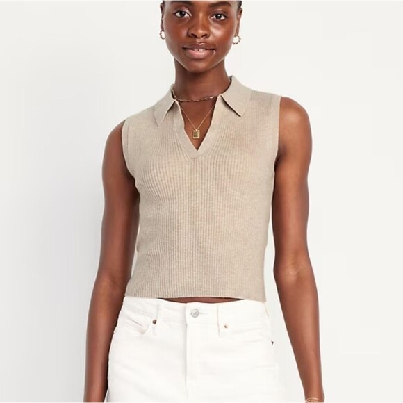 Old Navy Sleeveless Cropped Ribbed Lightweight Stretch Sweater Vest, Taupe, XS - Picture 2 of 8